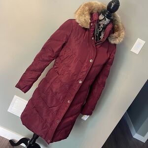 Michael Kors Chevron Faux Fur Trim Hooded Down Puffer Coat Dark Brandy